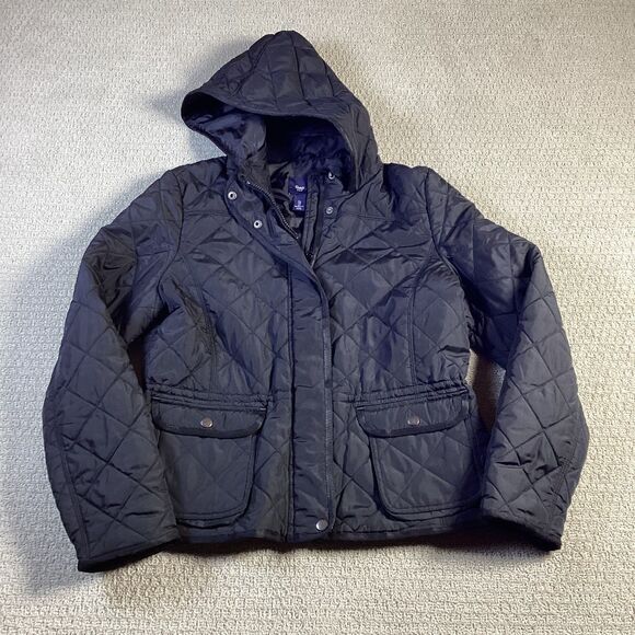 GAP Quilted Barn Jacket Black Hooded Snap Button Pockets Women's - Picture 1 of 5